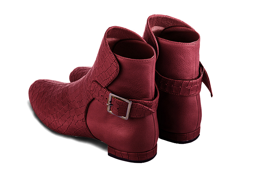 Burgundy red women's ankle boots with buckles at the back. Round toe. Flat block heels. Rear view - Florence KOOIJMAN